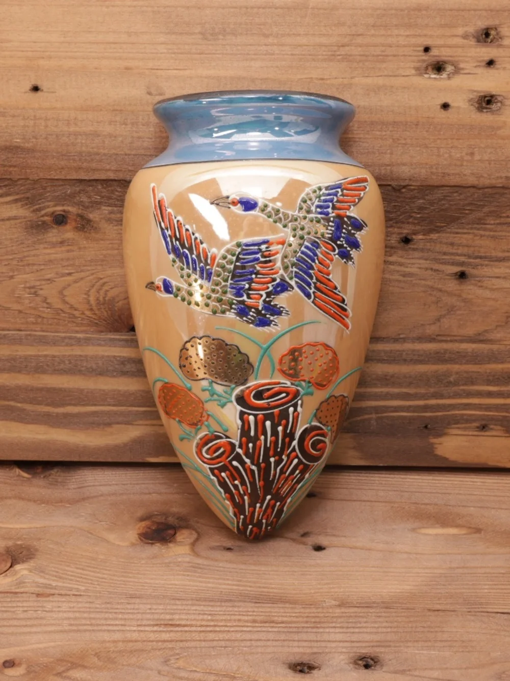 Vintage Hand Painted Blue Wall Pocket Vase Lusterware with Moriage Bird Motif